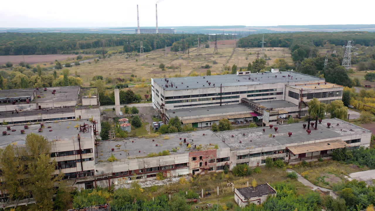 Cement industrial factory building equipment. Big factory buildings drone view.