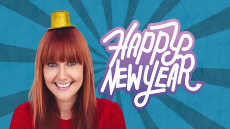 Animation-of-happy-new-year-text-in-white-letters-over-smiling-woman-in-party-hat