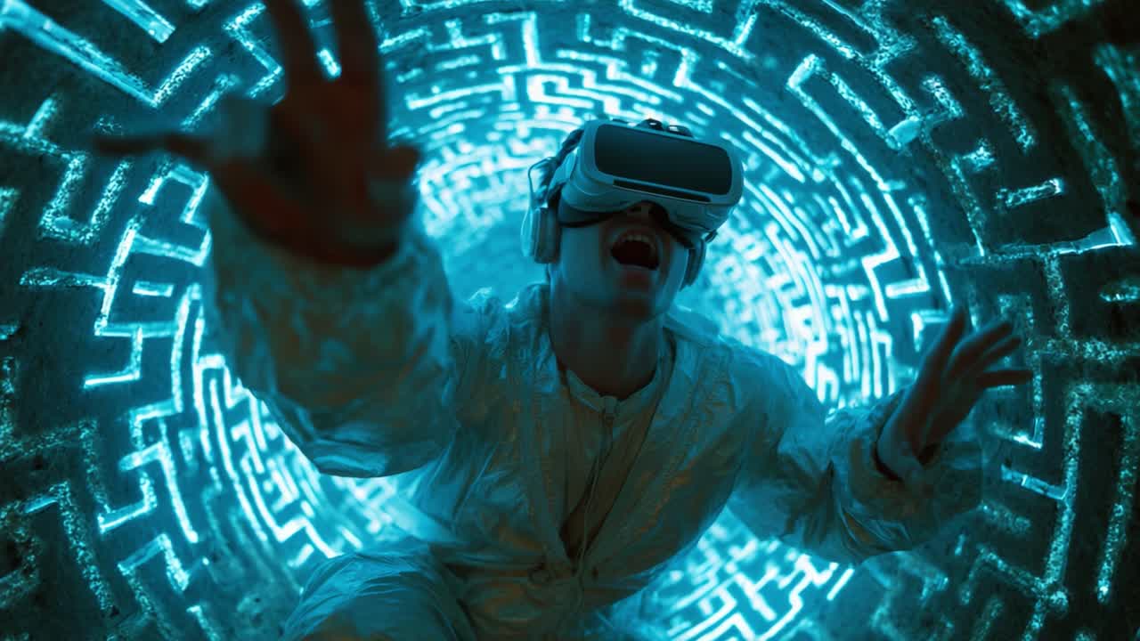 An exhilarating journey into virtual reality captures the essence of immersive experiences, showcasing a user fully engaged in a vibrant digital world, evoking emotions of joy, adventure, and wonderment