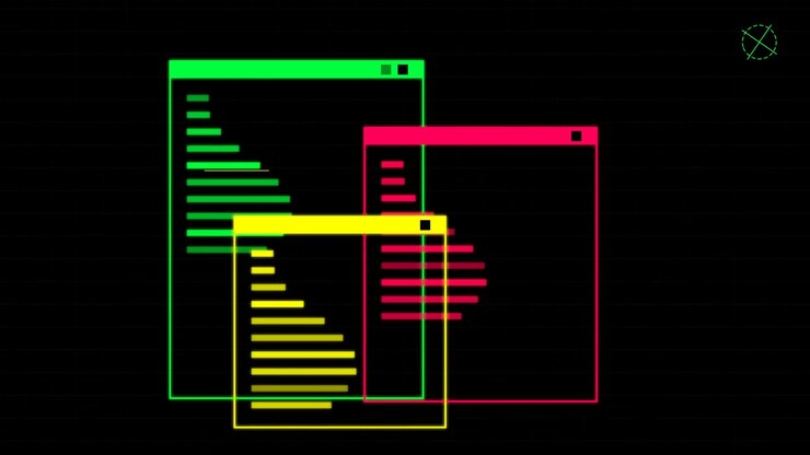 Abstract Digital Interface with Overlapping Neon Windows and Data Lines