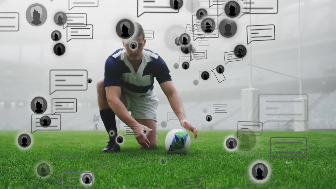 Preparing to kick ball, rugby player with social media icons floating around