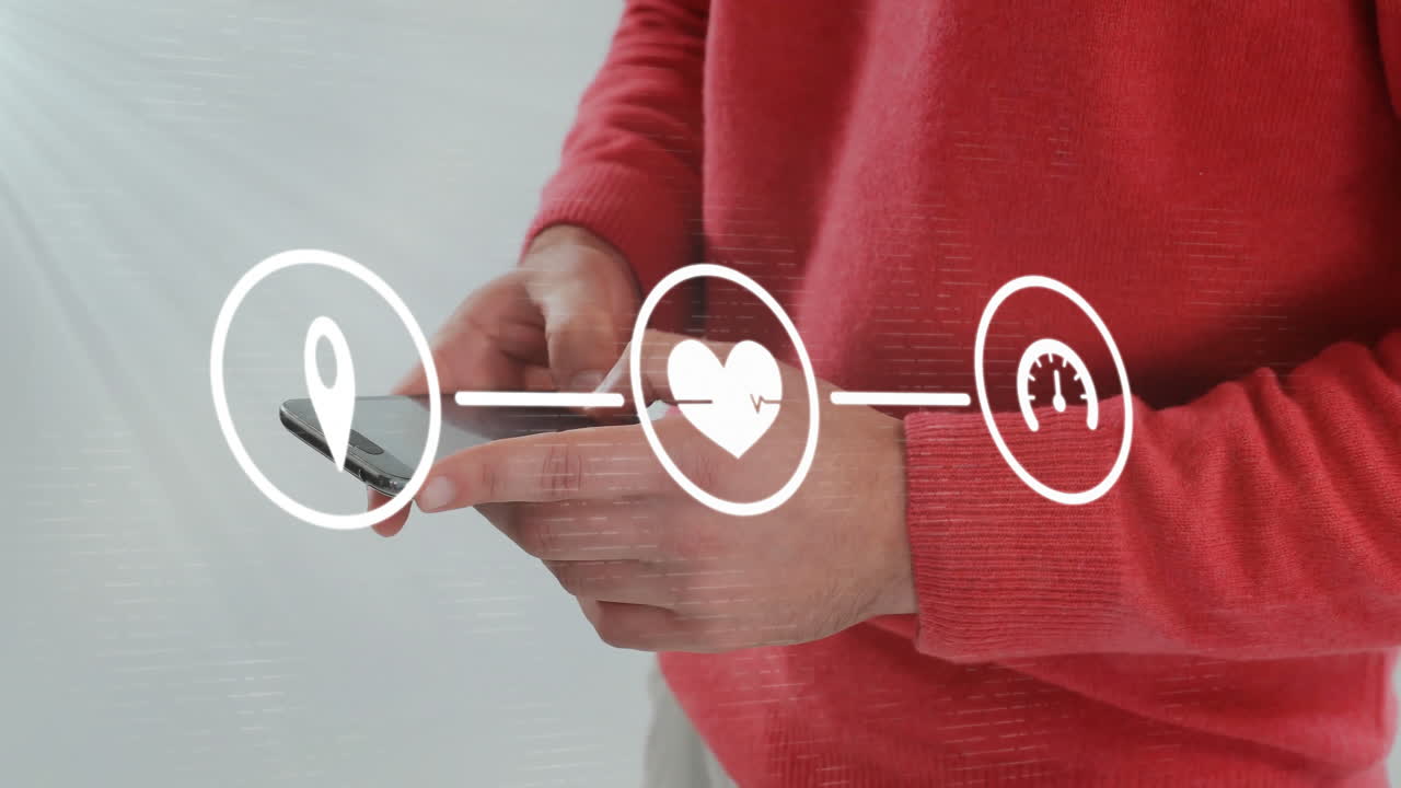 animación de diagrama de flujo de iconos sobre la sección media de un hombre caucásico hablando con su teléfono inteligente
