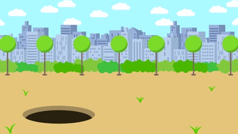 business woman fall into the hole. background of town. risk concept. loop illustration in flat style.