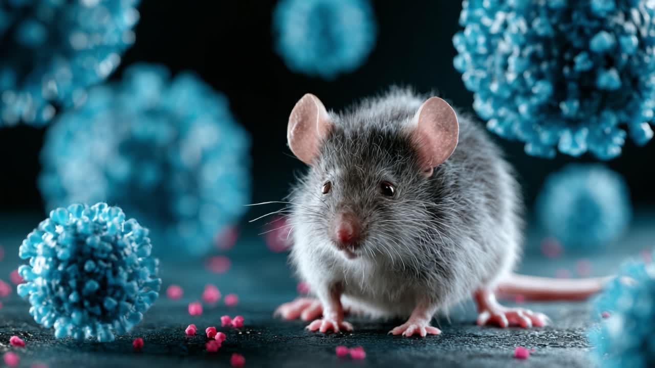 Una visione ravvicinata di un topo in un mondo microscopico, circondato da virus e particelle colorate, che cattura l'essenza dell'interazione biologica e della ricerca microbiologica