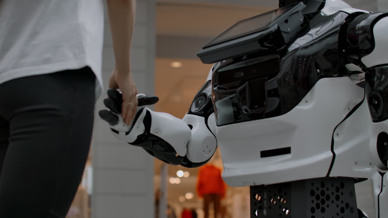 mujer sonriendo estrechando las manos trabajo. ser amigos con cyborg. entrar en un acuerdo con el robot