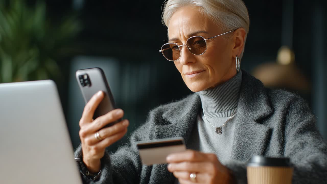 An Elegant Senior Woman Engaging in Online Shopping with a Smartphone and Credit Card While Sitting at a Modern Desk with a Laptop