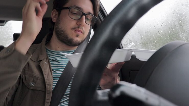 Giovane autista mangia cibo da asporto nella sua auto - Giorno di pioggia