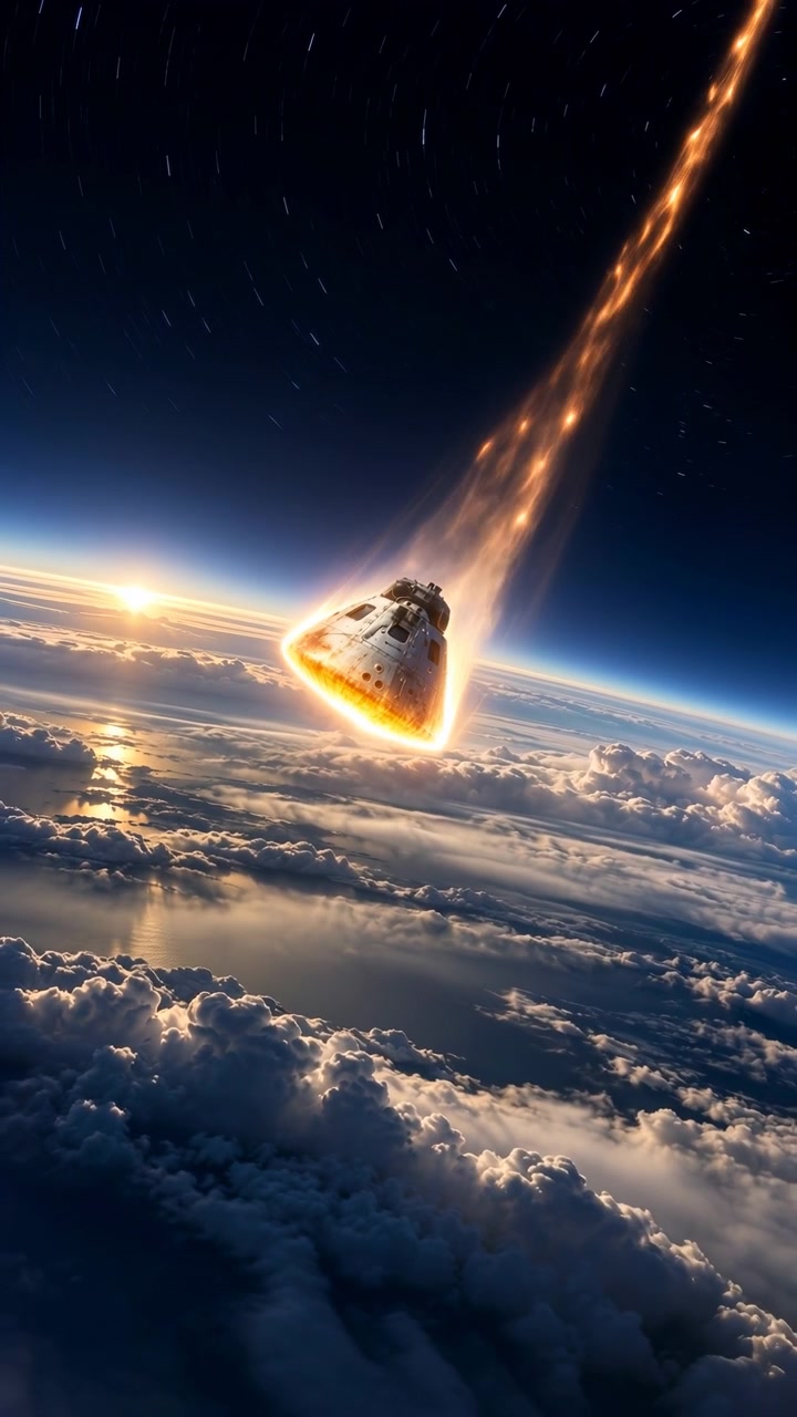Veicolo spaziale a forma di cono scende nell'inquadratura durante il rientro atmosferico, circondato da un bagliore arancione brillante mentre una scia infuocata affusolata si estende verso l'alto sopra nuvole stratificate e la luce solare bassa