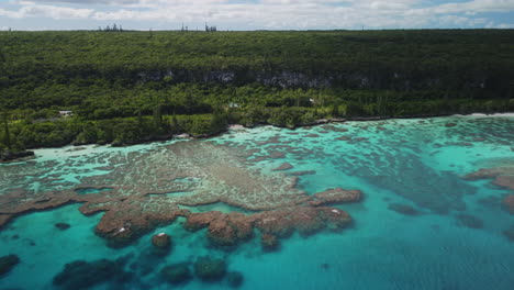 aerial: maré island in new caledonia loyalty islands, secluded coral reef beach