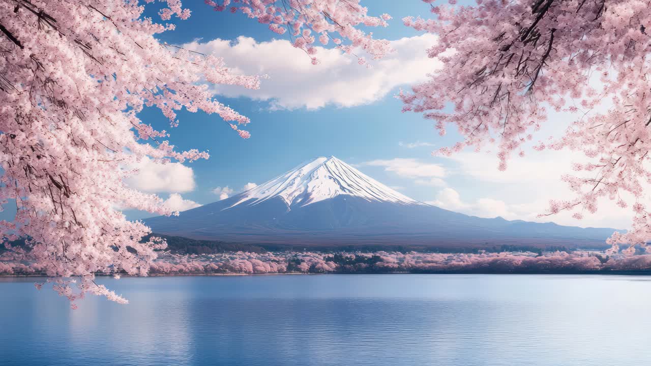 A serene landscape video capturing Mount Fuji framed by cherry blossoms