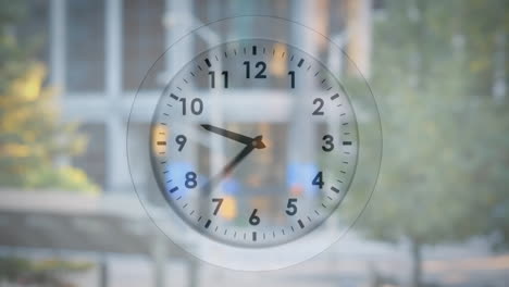showing 5:00, clock animation over blurred cityscape background