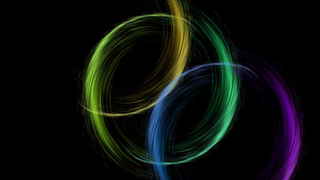 animation of colourful light trails forming circles on black background