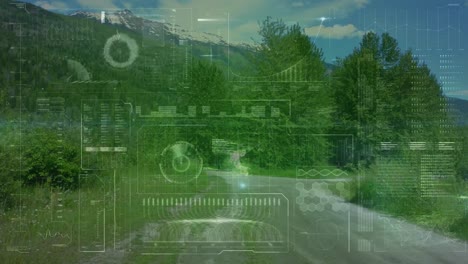 Animation of digital screen and data processing over fit woman running