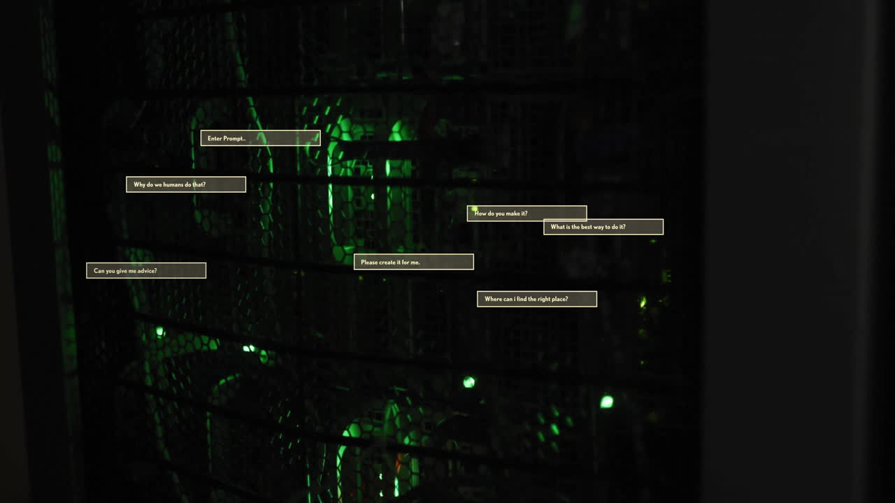 Text animation over green-lit server racks with various questions displayed