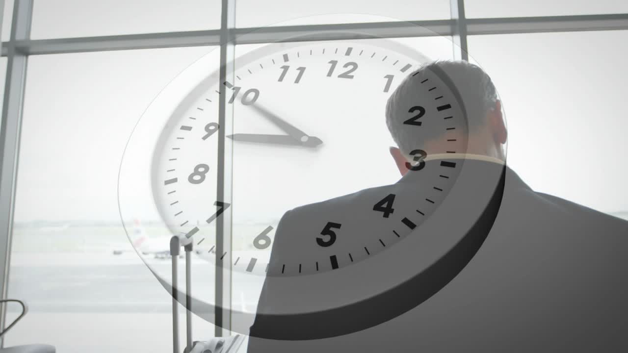 Business traveler raising hand at clock overlay while hands moving and monitoring flight departure