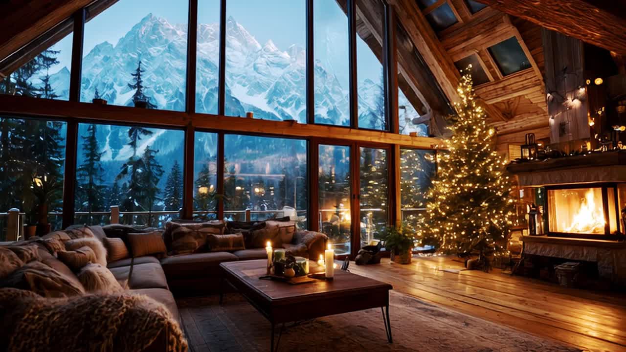 Cozy Christmas Cabin Interior with Mountain View | Premium Stock Video ...