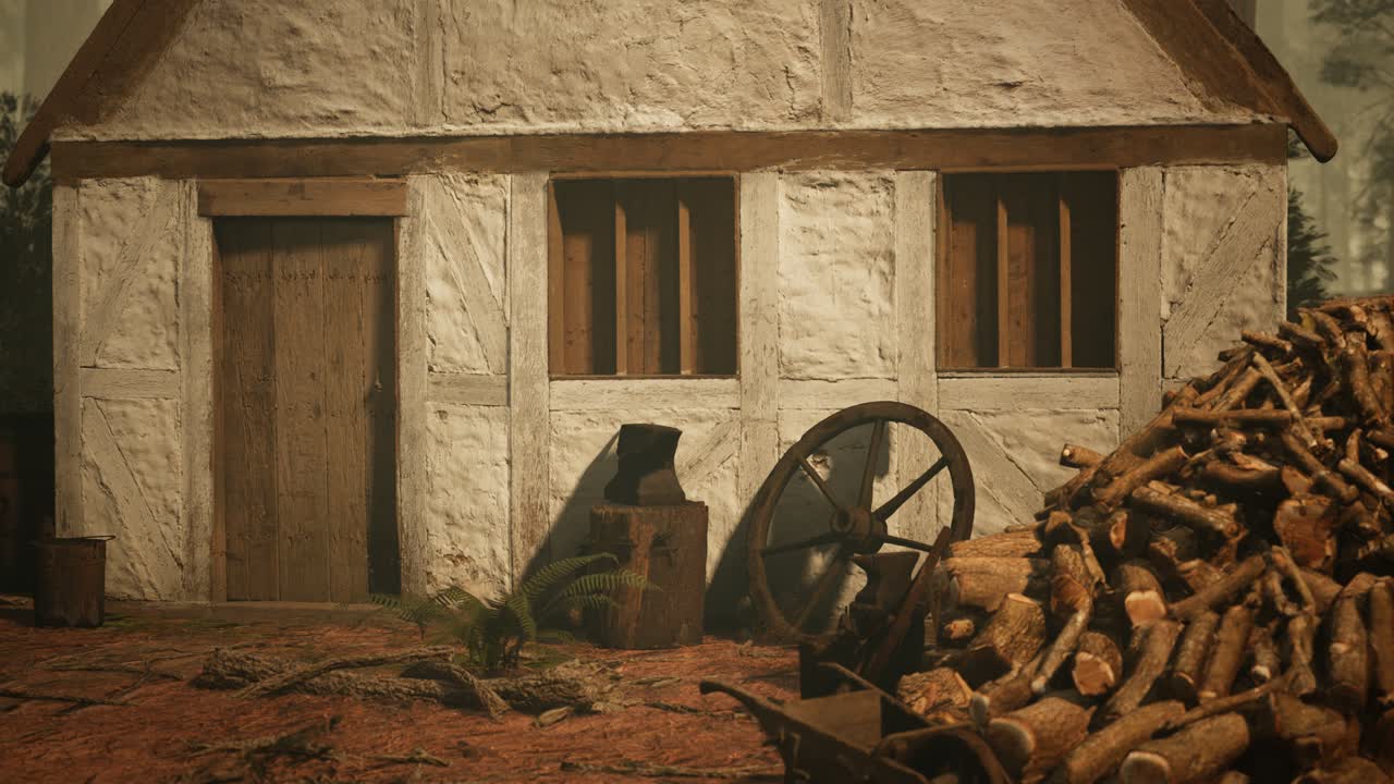 가을의 숲에 있는 오래된 나무 집