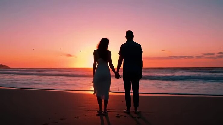 Vidéo romantique d'une plage au coucher du soleil avec un couple se tenant la main, filmée de dos à hauteur des yeux.
