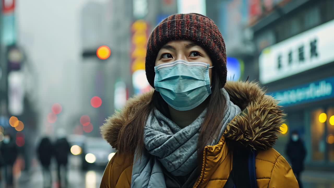 Woman in mask on city street in winter