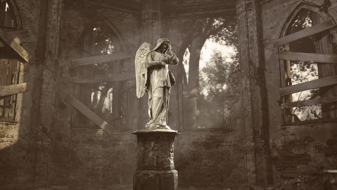 Visually striking angel figure cast in dramatic shadow under cinematic lighting