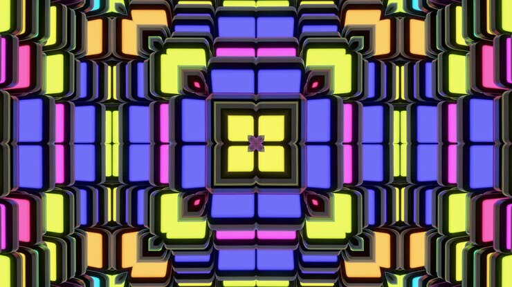 4k abstract looped background with symmetrical square structures of many elements, lighting bulbs, multicolor neon lights. Vj loop for music, festive show or holiday events, festivals or concerts.
