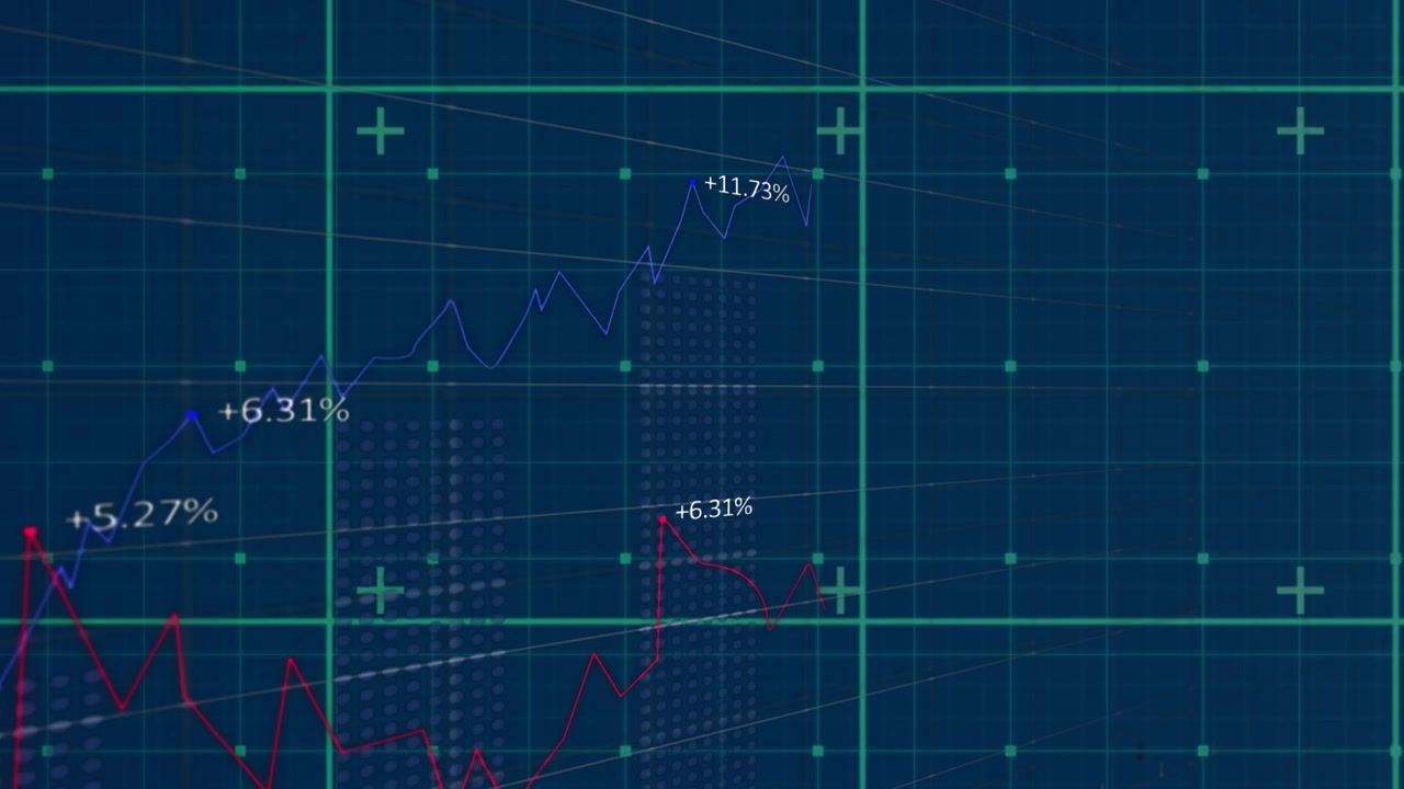 Digital animation of statistical data processing over grid network on blue background