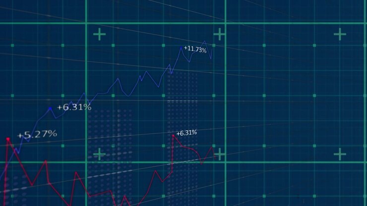 Digital animation of statistical data processing over grid network on blue background