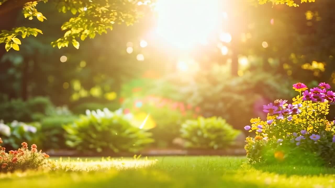 Serene garden scene with sunlight filtering through trees, captured at a low angle