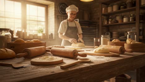 a skilled baker engages in the art of bread-making, surrounded by rustic kitchen tools, warm lighting, and freshly shaped dough, capturing the essence of traditional baking