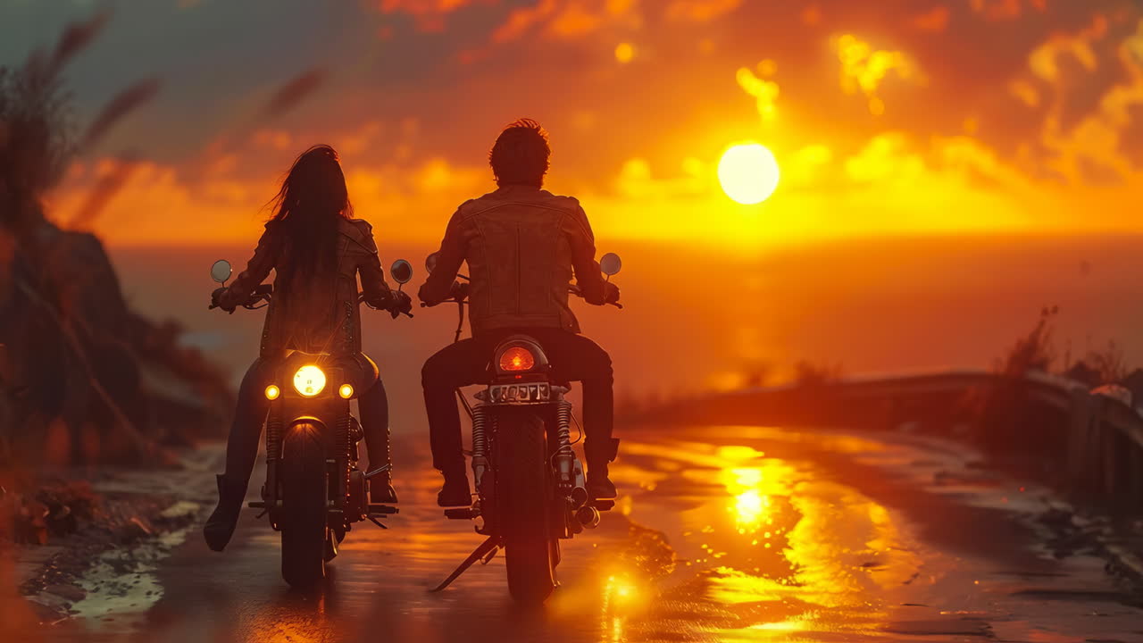 Sunset ocean bike ride. Two riders on motorcycles enjoy a scenic sunset along a coastal road with vibrant colors in the sky