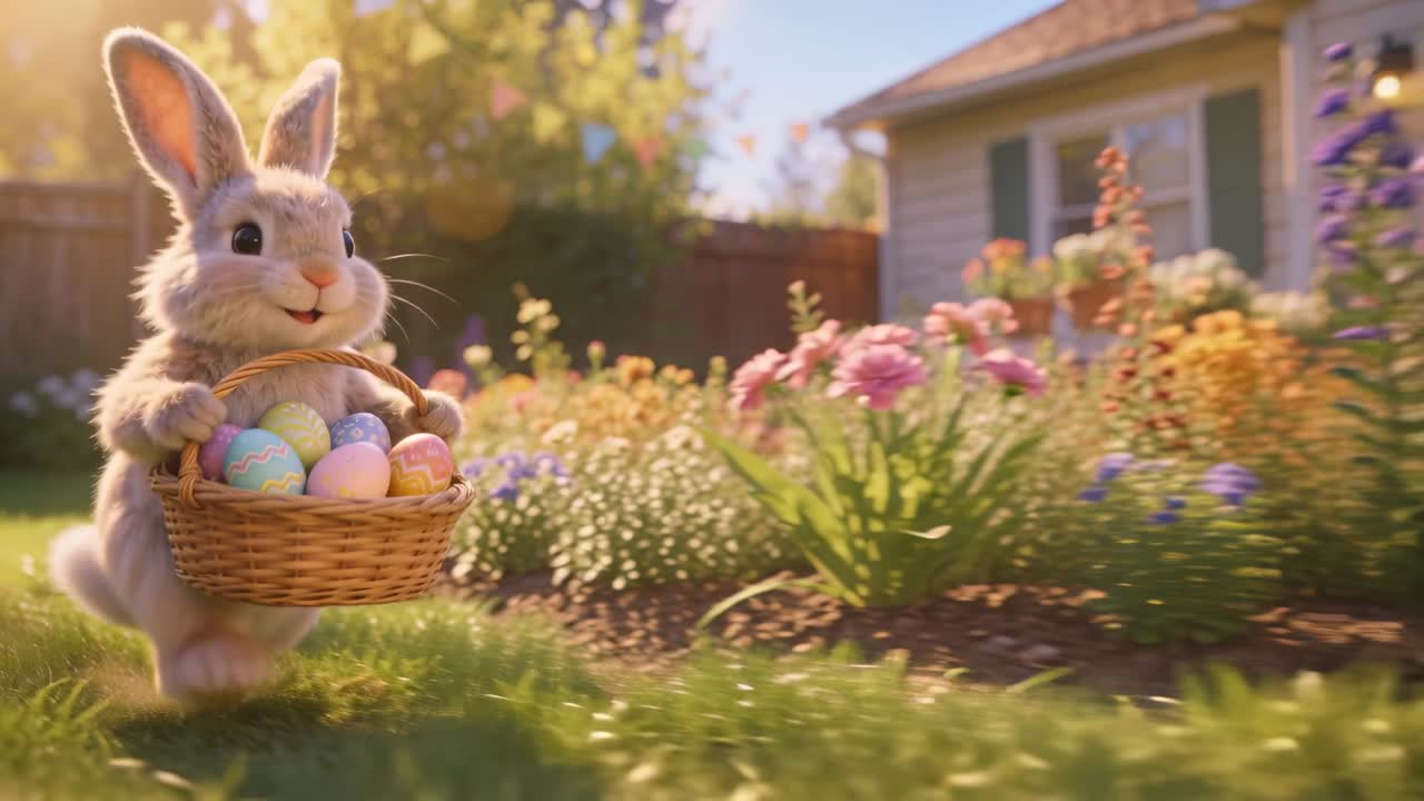 Hopping left animated rabbit holding wicker basket of pastel eggs crossing sunlit yard, copy space