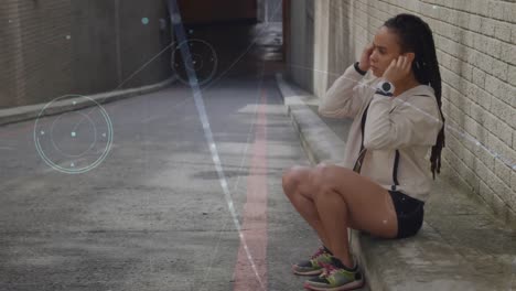 network of connections against african american fit woman wearing earphones on the street