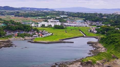 aerial view of coastal countryside village in japan