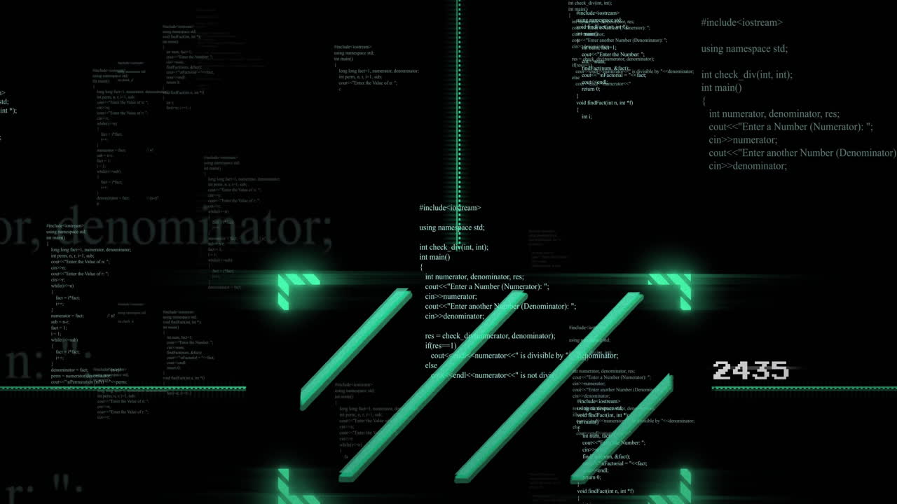 Programming code and digital lines animating over black background with green highlights