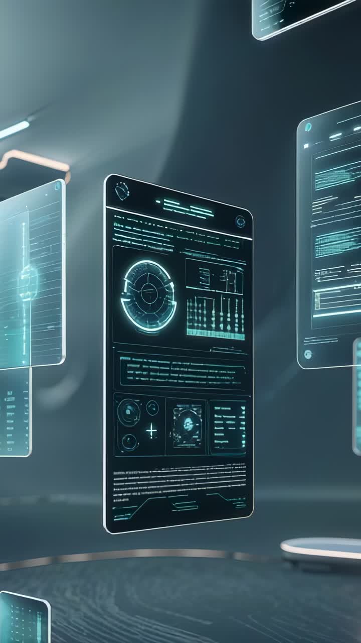 Vertical video: Sliding holographic panels floating around central panel in data hub pulsing neon