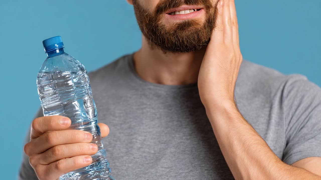 A Concerned Man Holds a Water Bottle While Feeling Discomfort on His Face, Highlighting the Importance of Hydration and Its Impact on Well-Being