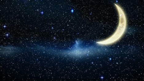 Schnee-Fällt-über-Leuchtende-Blaue-Sterne-Und-Mond-Am-Nachthimmel