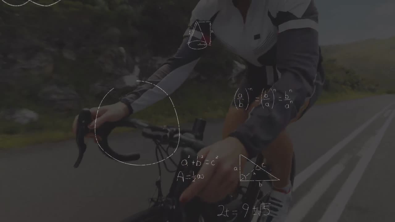 Animation of mathematical equations over caucasian woman riding bike