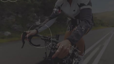 Animation-of-mathematical-equations-over-caucasian-woman-riding-bike
