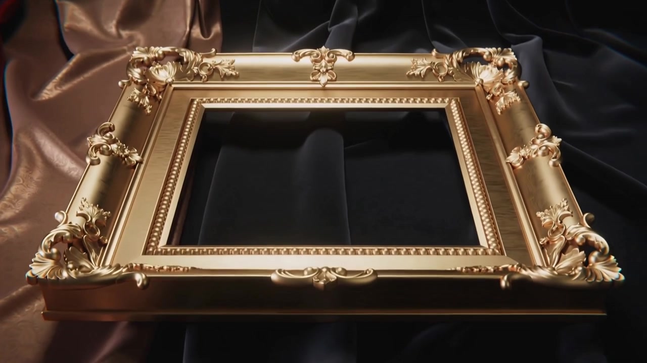 Una cornice dorata ornata si muove, scorrendo e ruotando su un drappeggio da studio, mentre la telecamera si inclina iniziando a rivelare il centro.