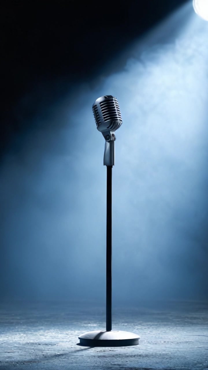 Un riflettore sul microfono classico: contrasto accattivante tra luci e ombre, che evoca l'essenza della performance e dell'espressione artistica nella musica e nel parlato