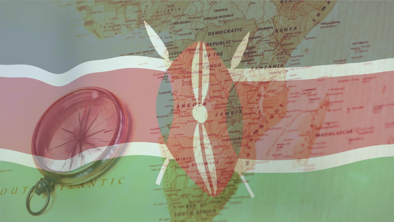 Animating Kenya flag over Africa map with compass