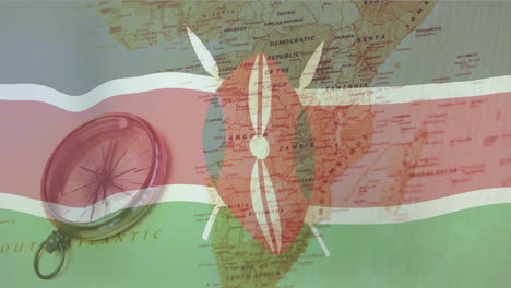animating kenya flag over africa map with compass
