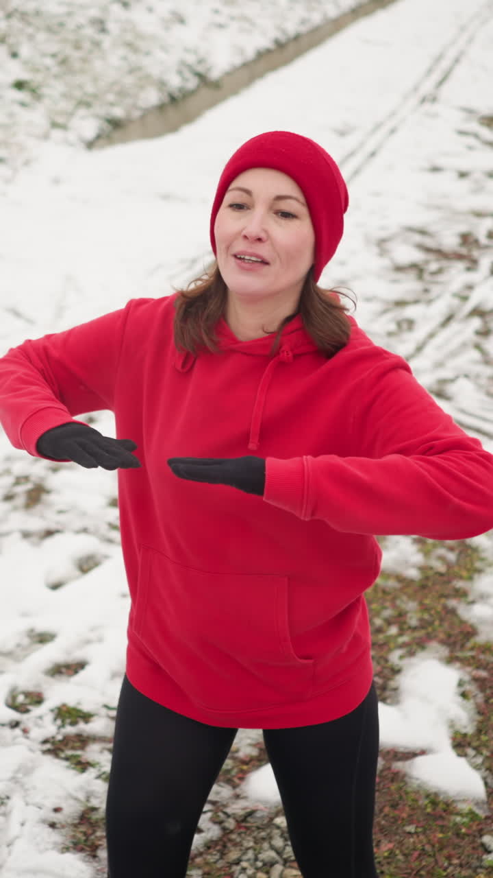 adult performing energetic winter workout outdoors lifting leg for balance on snowy ground near stairway wearing red hoodie and black gloves amid snowy hill pathway under foggy atmosphere