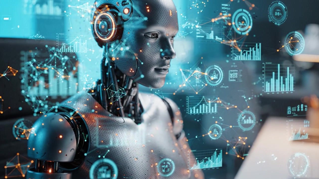 Futuristic humanoid robot engaged in data analysis, showcasing advanced AI technology, intricate designs, and the integration of robotics in modern working environments.