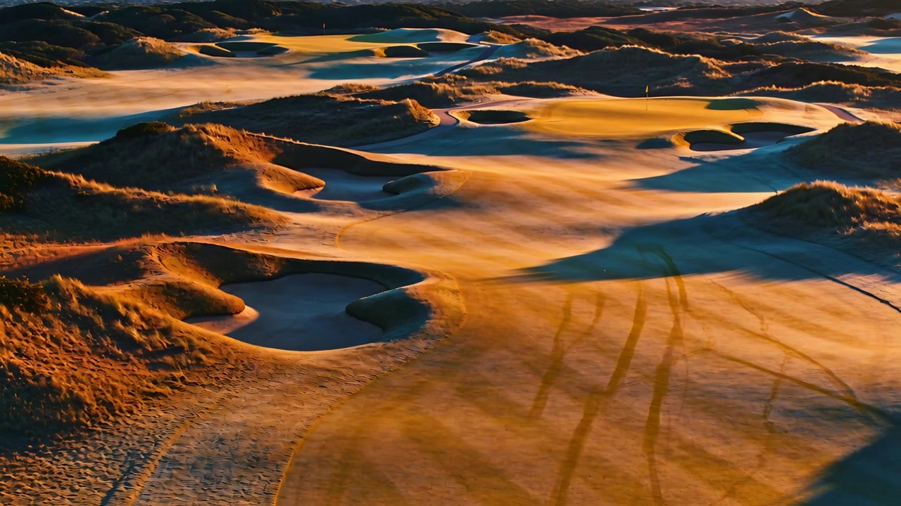 Drone in panoramica che rivela un campo di dune mobili all'alba, evidenziando tracce di pneumatici e dossi.