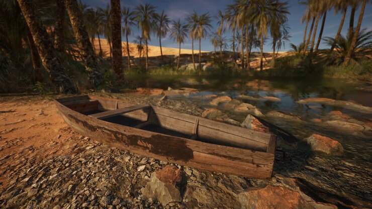 Una barca di legno si trova sulla riva di un'oasi nel deserto.