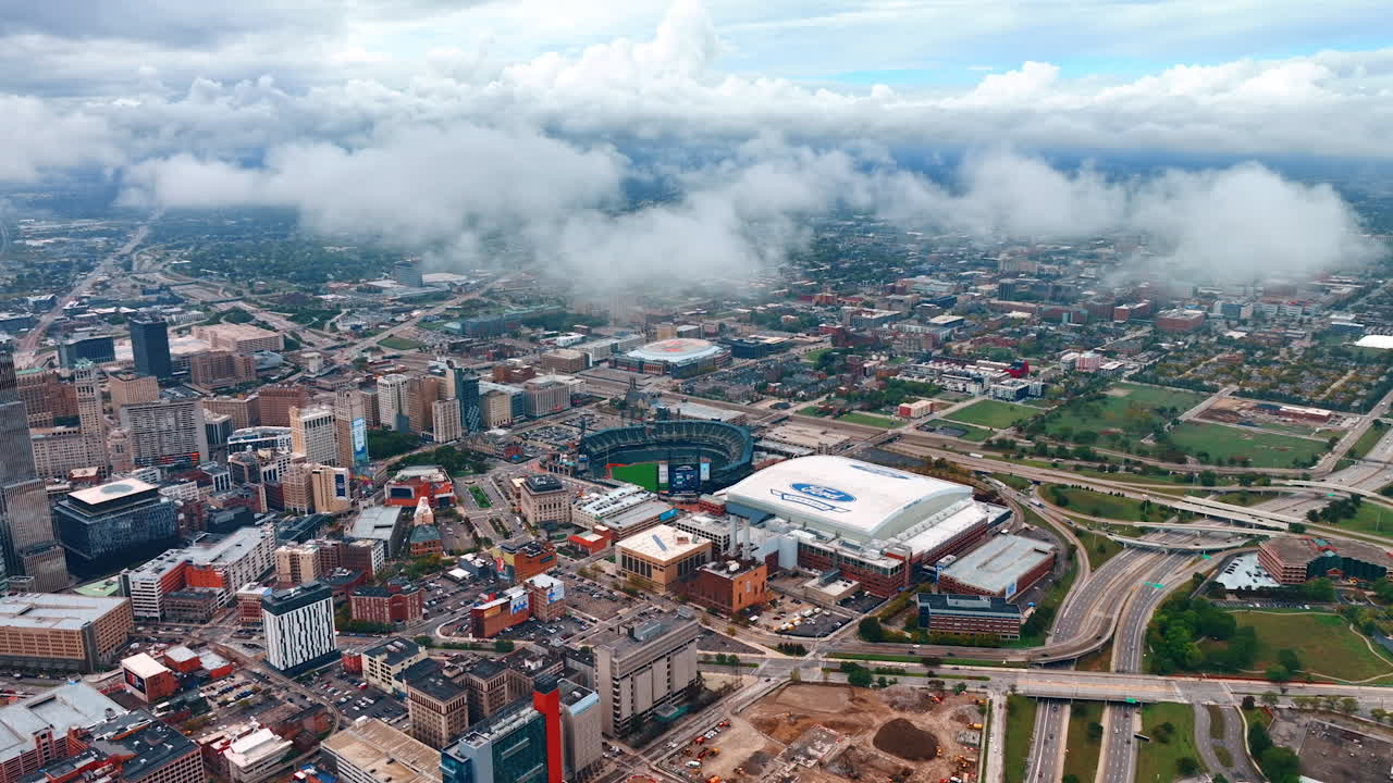 Detroit, USA, 28 July 2025: Aerial View of Detroit's Downtown Sports and Business Core. An elevated view captures the dense cluster