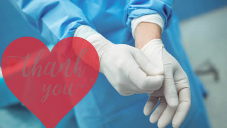 animation of thank you text in heart over doctor wearing medical gloves