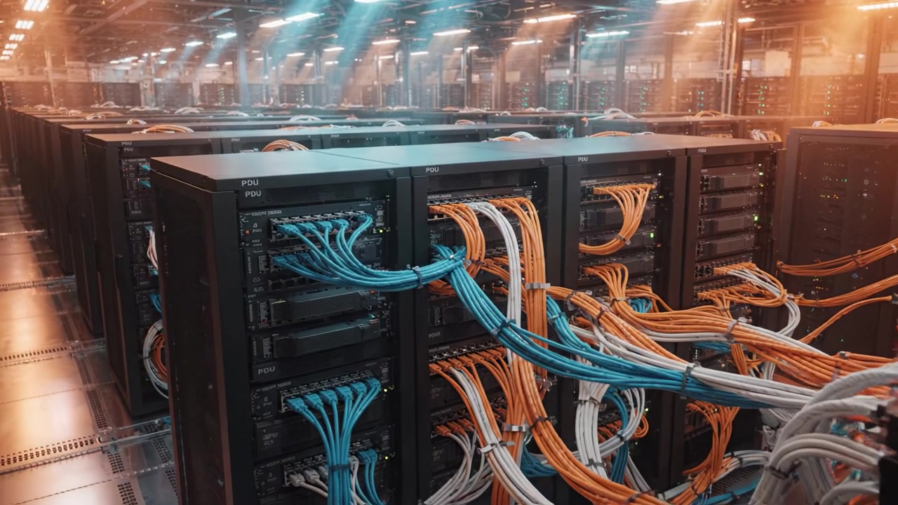 Advanced Data Center Infrastructure Showcasing High-Density Server Racks with Color-Coded Networking Cables and Optimized Cooling Systems in Action